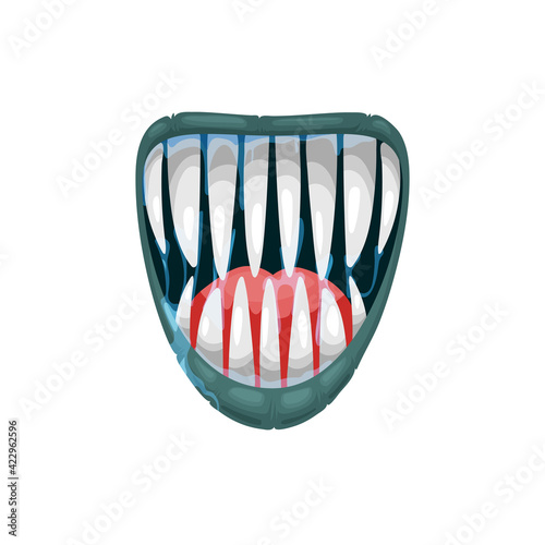 Monster mouth vector icon, creepy yelling beast jaws with sharp teeth and dripping saliva with red tongue. Angry creature roar maw isolated on white background