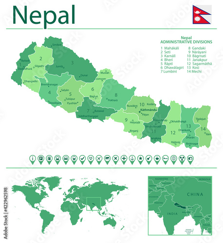 Nepal detailed map and flag. Nepal on world map.