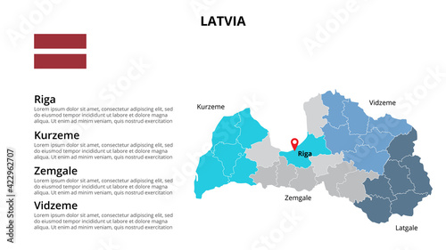 Latvia vector map infographic template divided by countries. Slide presentation