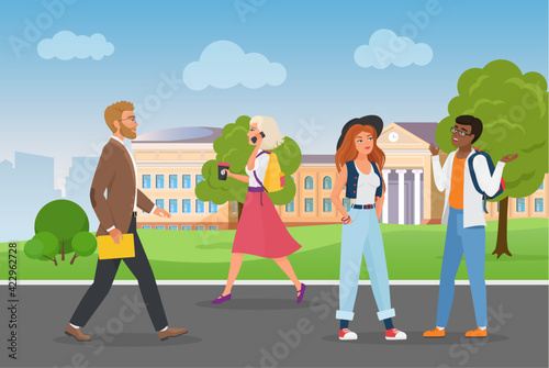 People walk near university campus in city landscape vector illustration. Cartoon cityscape with young student characters talking, walking man teacher holding folder, girl with coffee cup background