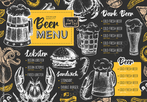Restaurant beer menu design. Decorative sketch of beer and seafood snack. Fast food menu