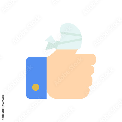 Hurt hand, bandage finger icon. Simple flat style. Like, thumb up gesture, injured, unavailable concept. Vector illustration isolated on white background. EPS 10.