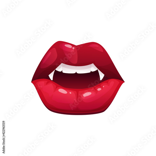 Vampire mouth with fangs vector icon. Cartoon open plump female red lips with long pointed teeth, emotion expression isolated on white background