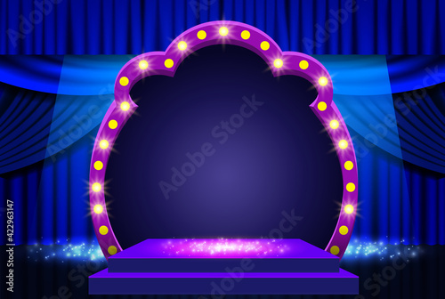 Background with blue curtain, podium and retro arch banner. Design for presentation, concert, show