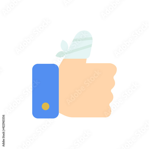 Hurt hand, bandage finger icon. Simple flat style. Like, thumb up gesture, injured, unavailable concept. Vector illustration isolated on white background. EPS 10.