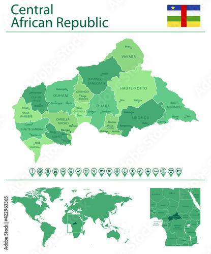 Central African Republic detailed map and flag. Central African Republic on world map.