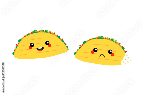 Couple of taco characters, traditional mexican dish characters, smiling and happy and sad with bite mark for food design.
