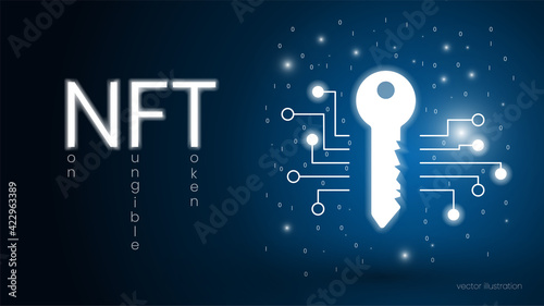 Concept digital key with text NFT, non fungible token. Cryptographic unique token. Dark blue background. Vector