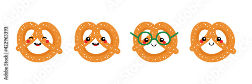 Set, collection of cute smiling cartoon style pretzel, knot-shaped baked pastry characters for food design.