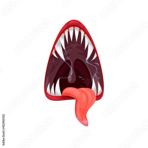 Monster mouth vector icon, creepy yelling beast jaws with sharp teeth with splashing saliva and long tongue. Angry creature roar maw isolated on white background