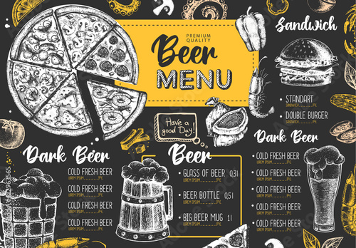 Restaurant beer menu design. Decorative sketch of beer and seafood snack. Fast food menu