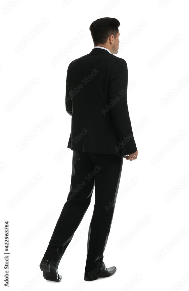 Businessman in formal suit on white background, back view Businessman in formal suit on white background, back view