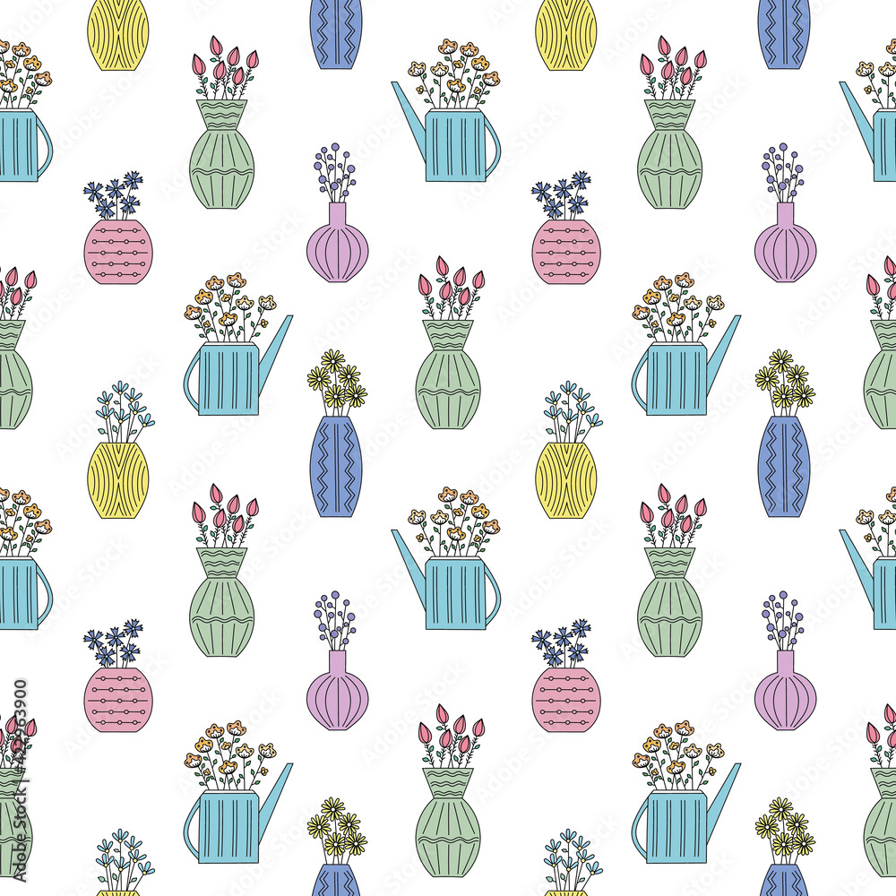 Cute seamless vector floral pattern. Pattern with flowers in buckets Cute seamless vector floral pattern. Pattern with flowers in buckets