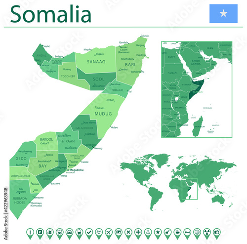 Somalia detailed map and flag. Somalia on world map.