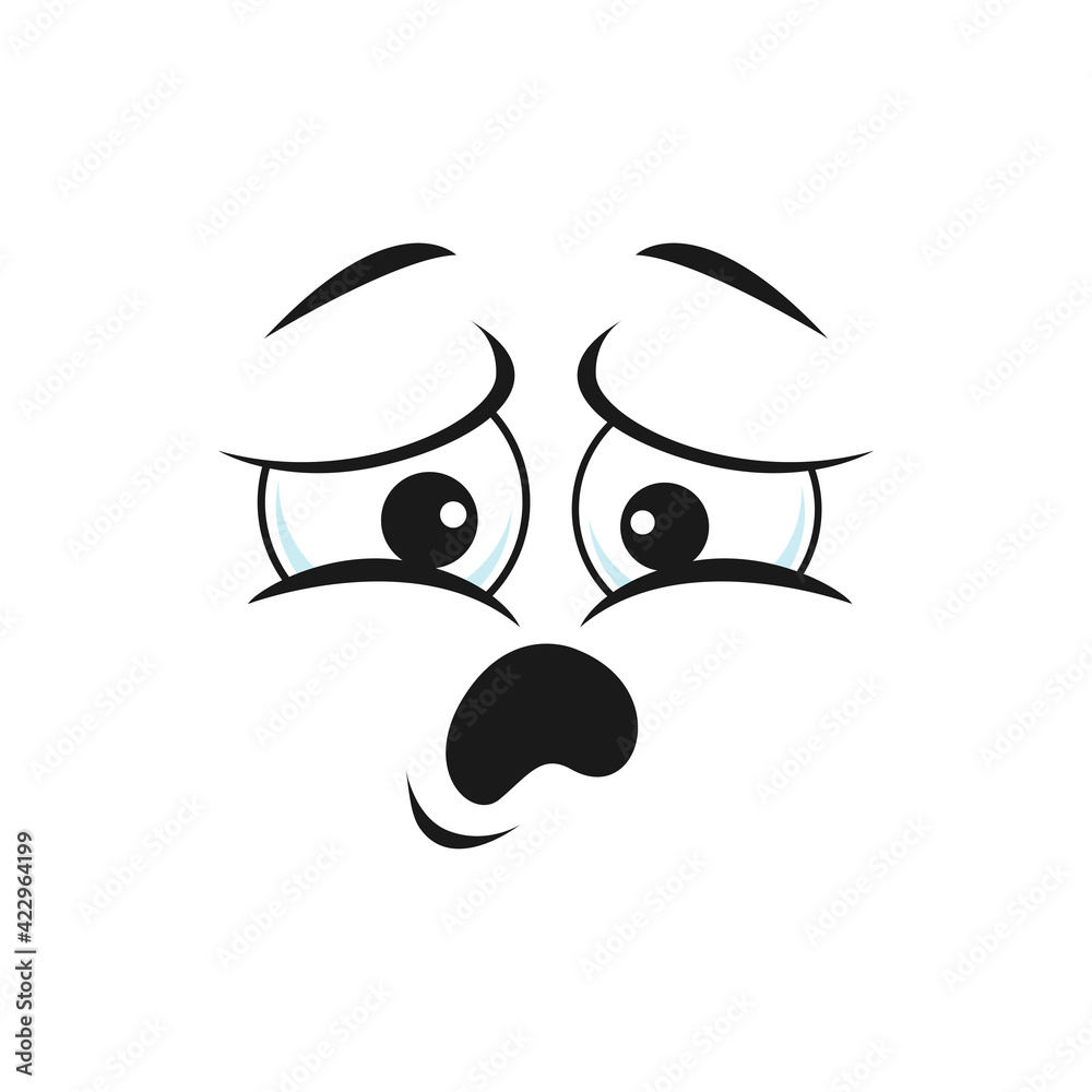 Upset emoticon sad face expression isolated icon. Vector bored crying smiley with big eyes, depressed character in bad mood. Unhappy facial expression, suspicious emoji offended sorrow head Upset emoticon sad face expression isolated icon. Vector bored crying smiley with big eyes, depressed character in bad mood. Unhappy facial expression, suspicious emoji offended sorrow head