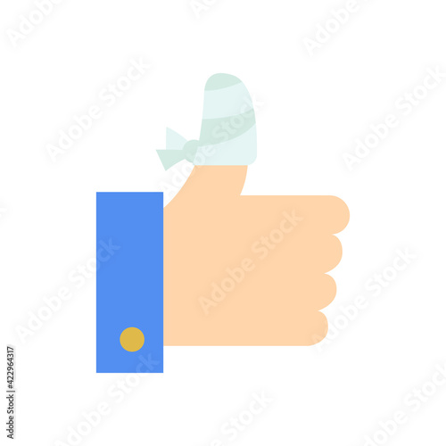 Hurt hand, bandage finger icon. Simple flat style. Like, thumb up gesture, injured, unavailable concept. Vector illustration isolated on white background. EPS 10.