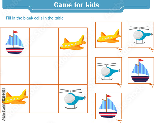  Logic game for children. Fill in the blank cells in the table so that in each row and column the element appears only once