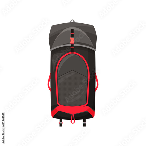 Backpack vector icon, camping or hiking rucksack, cartoon touristic knapsack equipment of black and red colors isolated on white background. Sport or travel luggage sign