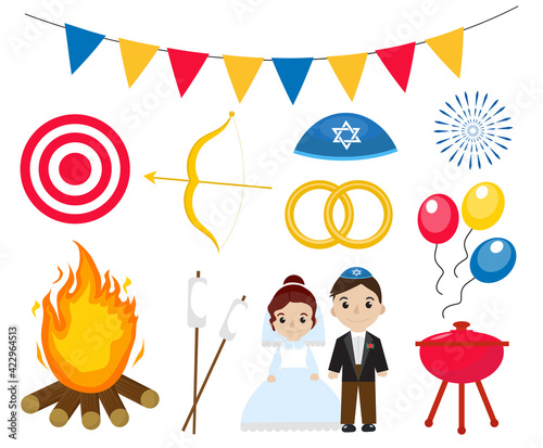 Lag Baomer icon set flat style, Lag B'Omer Jewish holiday collection objects elements design. Vector illustration
