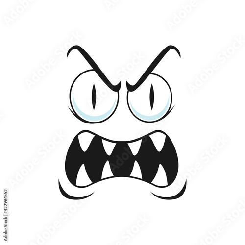 Distrustful emoji with big eyes, mad smiley isolated face expression. Vector angry disbelief emoticon in sad mood. Distrusted suspicious face expression, angry emoticon with rare tooth smile