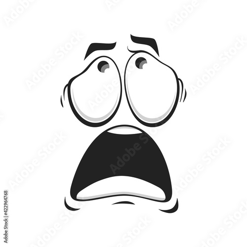 Cartoon face vector scared or upset emoji with open mouth and eyes looking up. Funny facial expression, negative shocked feelings, character frightened emotion isolated on white background