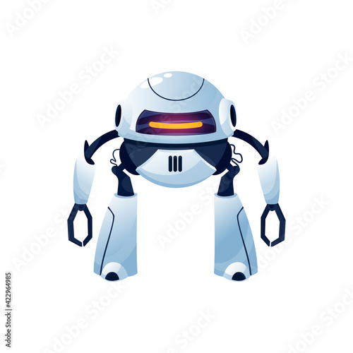 Cartoon robot vector cyborg character. Artificial intelligence technology, toy or bot with digital glow display, mighty legs and long arms with claws, futuristic ai object