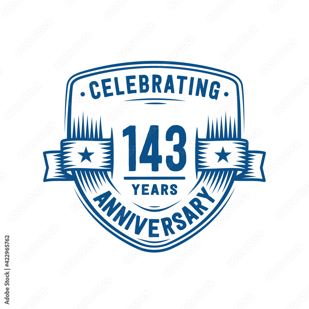 143 years anniversary celebration shield design template. 143rd anniversary logo. Vector and illustration.
