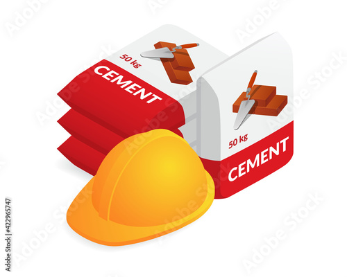 Isometric vector illustration worker hard hat and cement bags isolated on white background. Realistic construction or working safety helmet and cement bags icon in flat cartoon style.