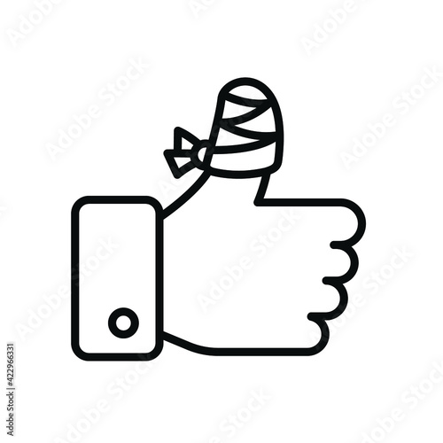 Hurt hand, bandage finger line icon. Simple outline style. Like, thumb up gesture, injured, unavailable concept. Vector illustration isolated on white background. EPS 10.