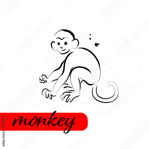 Chinese year monkey calendar animal silhouette isolated on white textured background. Vector hand drawn sketch style illustration. For banners, cards, advertising, congratulations.