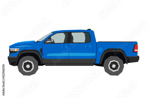 Pickup drawing. Off-road car in cartoon style. Isolated vehicle art for kids bedroom decor. Side view of blue SUV. Truck for nursery decor