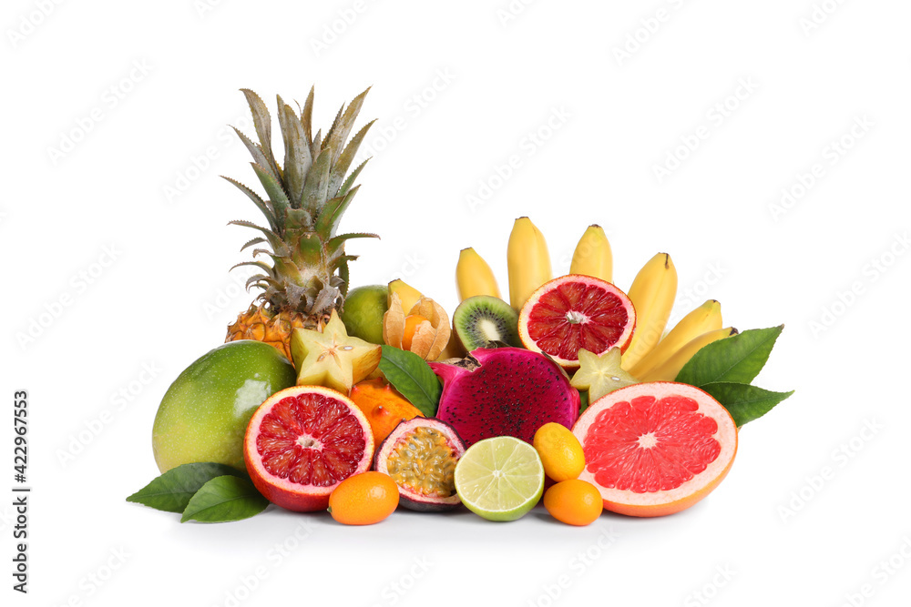 Different ripe exotic fruits on white background Different ripe exotic fruits on white background