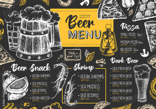 Restaurant beer menu design. Decorative sketch of beer and seafood snack. Fast food menu