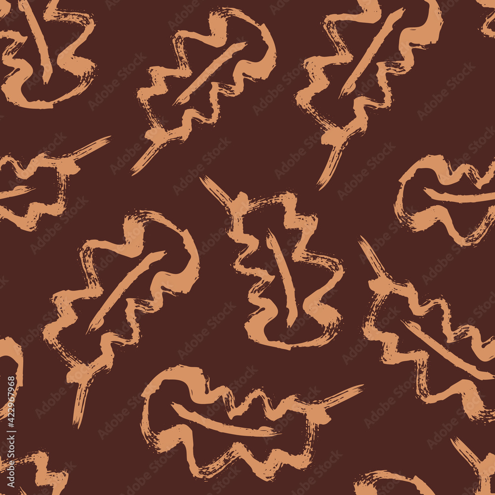 Obraz premium Oak leaf seamless vector pattern background. Simple calligraphy brush effect foliage warm brown ochre backdrop. Minimal elegant outline design. Duotone painterly style all over print for packaging