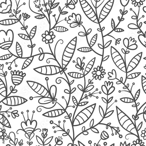 Seamless pattern with different plants and  flowers on white background. Vector print with herbs. Botanical doodle wallpaper.