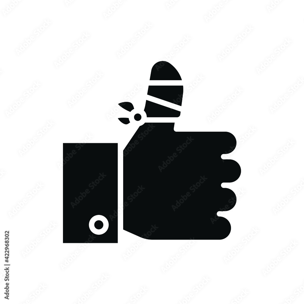 Hurt hand, bandage finger glyph icon. Simple solid style. Like, thumb up gesture, injured, unavailable concept. Vector illustration isolated on white background. EPS 10. Hurt hand, bandage finger glyph icon. Simple solid style. Like, thumb up gesture, injured, unavailable concept. Vector illustration isolated on white background. EPS 10.