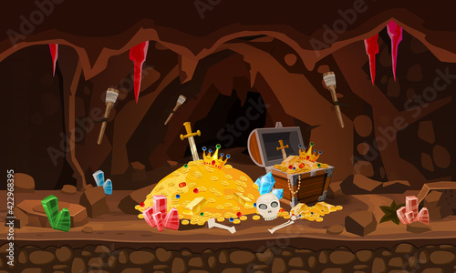 Treasure cave, gold pile, coins, chest, gems, crown, sword, crystals. Concept art for game, apps. Background cartoon style