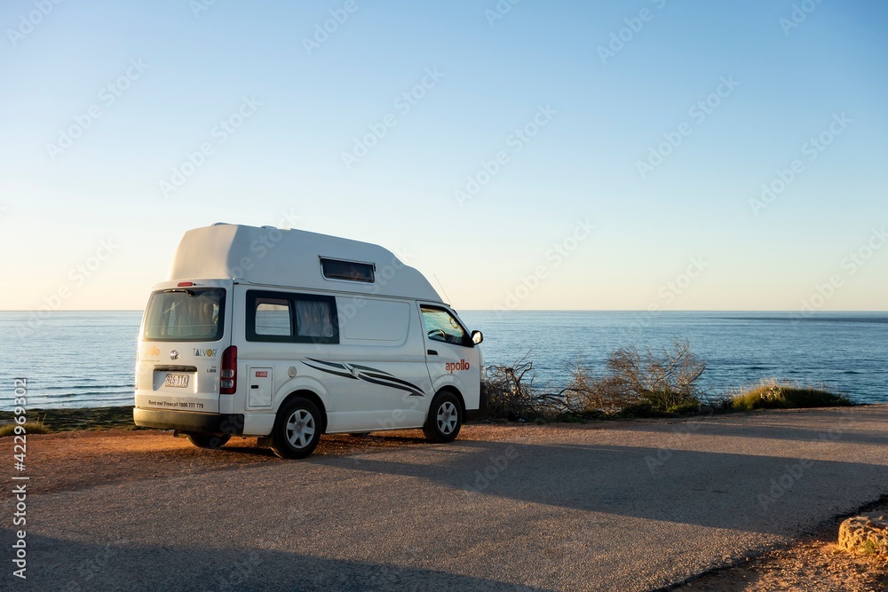 Toyota Hiace LWB van from Apollo and Talvor Motorhomes company in RV  traveller version at sunset in Western Australia Stock Photo | Adobe Stock
