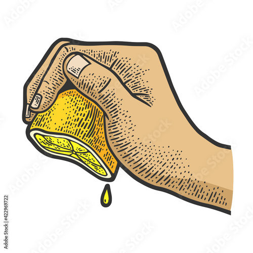 hand squeezes lemon juice color sketch engraving vector illustration. T-shirt apparel print design. Scratch board imitation. Black and white hand drawn image.