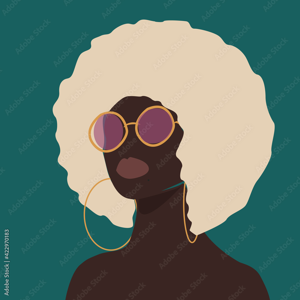 portrait of black curly woman on turquoise background - obrazy, fototapety, plakaty 