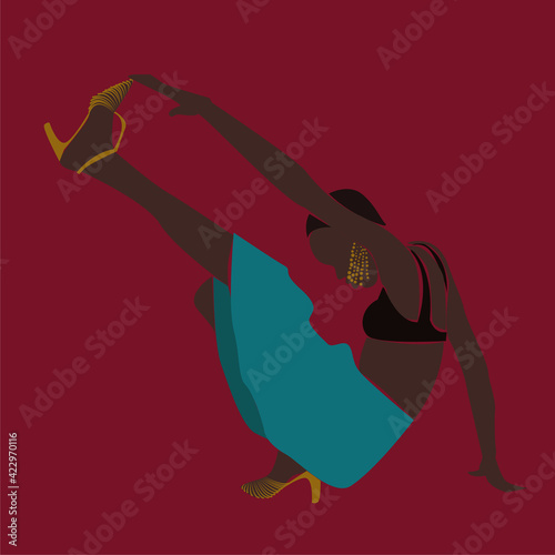 black woman in high-heeled shoes on red background