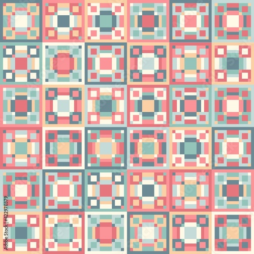 Bright geometric seamless pattern with diamonds and stripes. Colorful mosaic kaleidoscope in pastel colors. Stock illustration for web and print, backgound, wallpaper, wrapping paper, textile