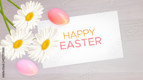 Easter composition with realistic Easter eggs and daisies on wood background. Easter background of spring flowers with paper card and inscription Happy Easter. Vector illustration