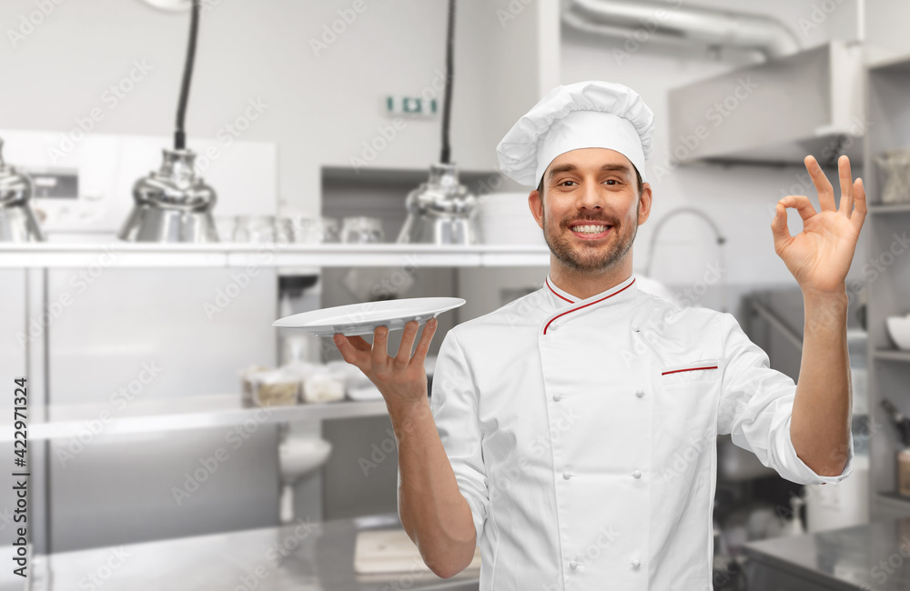 happy smiling male chef holding empty plate happy smiling male chef holding empty plate