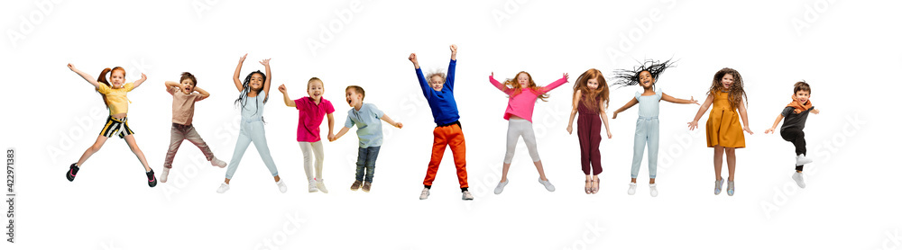 Little and happy kids gesturing isolated on white studio background. Human emotions, facial expression concept Little and happy kids gesturing isolated on white studio background. Human emotions, facial expression concept