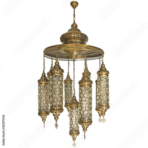 Moroccan Lamps Turkish Lights Brass Hanging Ceiling Chandelier Interior Architecture Isolated on White Background