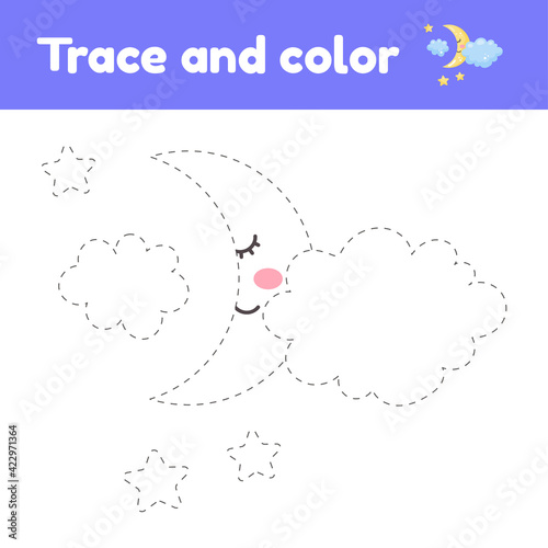 Coloring book with cute moon and clouds. For kids kindergarten, preschool and school age. Trace worksheet. Development of fine motor skills and handwriting.
