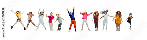 Little and happy kids gesturing isolated on white studio background. Human emotions, facial expression concept © master1305