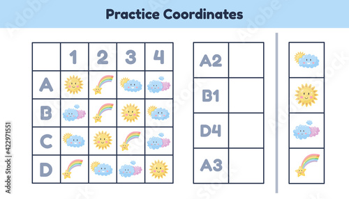 Educational math worksheet for kids kindergarten, preschool and school age. Practice coordinates.