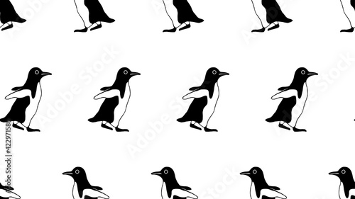 Vector black and white seamless pattern with walking penguins